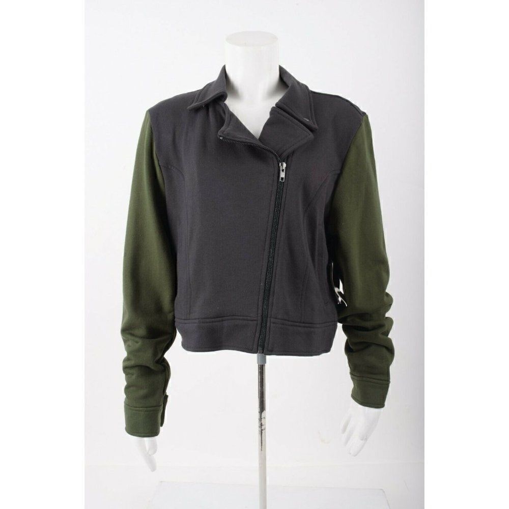 LuLaRoe Womans Presley Moto Jacket Coat L 14-16 Charcoal Gray Green Cotton NWT